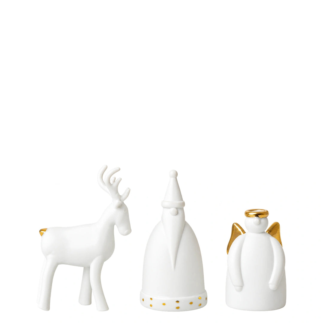 Räder Weihnachtsfiguren Set 0092448 – Rentier, Weihnachtsmann und Engel aus weißem Porzellan mit Goldglasur
