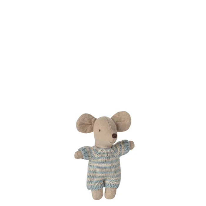 Maileg Babymaus blau gestreifter Strickanzug Maileg Babymaus Tragetasche blau 17-5003-00