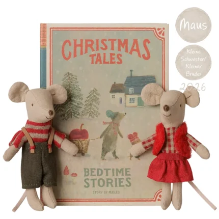 Maileg Weihnachts-Zwillingsmäuse, kleine Schwester und Bruder im Buch
